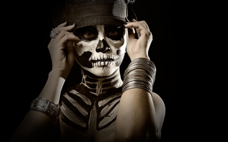 Halloween make-up - woman, skull, girl, mask, make-up, dust, black, white, halloween, face