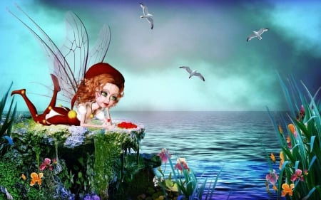 summer fun - fun, river, summer, fairy, bird