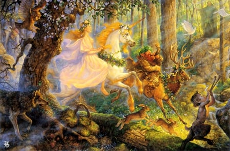 The maiden and the unicorn - lady, ride, girl, animals, magic, fantasy, painting, art, fairytale, forest, horse, beautiful, enchanted, fairy, unicorn, maiden