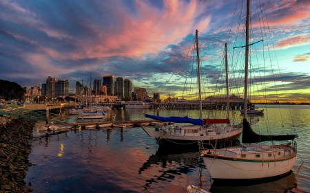 San Diego's Waterfront at Sunset - water, san diego, sunset, boats