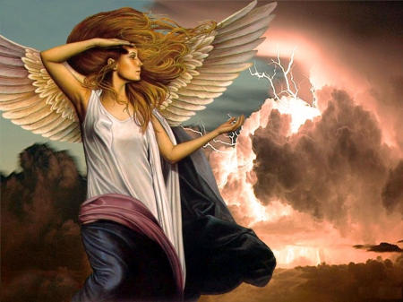 Angel and Thunder - woman, artwork, clouds, wings, storm