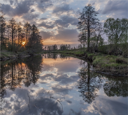 Sunset - trees, sunset, clouds, river