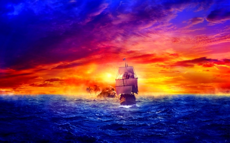 PIRATE SHIP - sky, ship, sail, island, sunset, sea, pirate