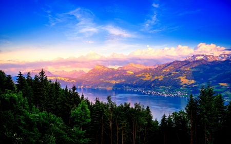 MOUNTAIN VIEW - river, trees, mountains, nature