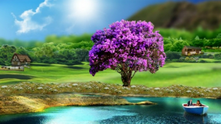 ~*~ Country Life ~*~ - purple ipe, farm, lake, landscape, hd wallpaper, country life