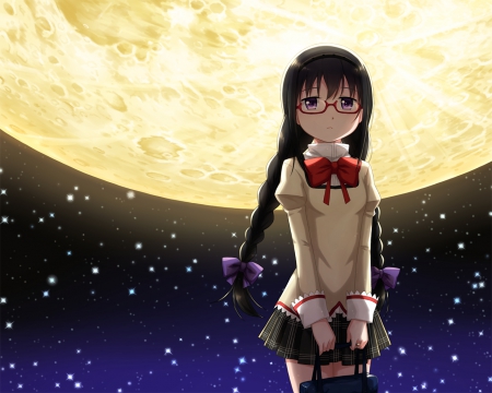 Bathed In The Moon's Light - moonlight, akemi, glasses, twin tails, akemi homura, big eyes, anime, stars, anime girl, school uniform, homura, long hair, seifuku, full moon, night sky, mahou shoujo madoka magica