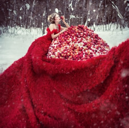 Red Lady - apples, lady, winter, photography, snow