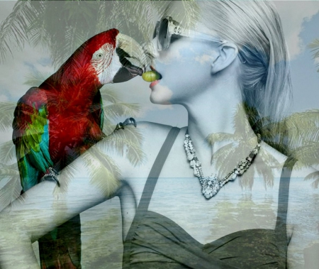 Postcard from paradise - funny, girl, paradise, parrot