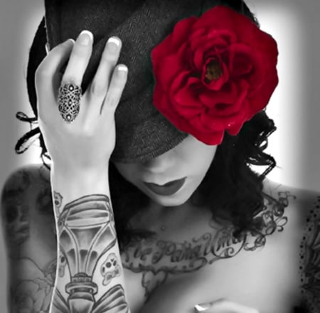 Tattoo - hat, tattoo, red, girl, rose