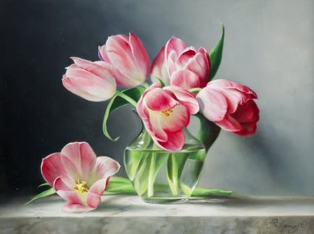 Still Life - painting, beautiful, pink, tulips, still life, vase