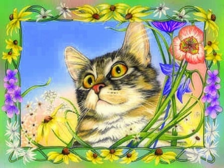 ..Curious Annie.. - pretty, creative pre-made, beautiful, paintings, furs, spring, curious, lovely, flowers, kitten, cute, cats, love four seasons, draw and paint, animals