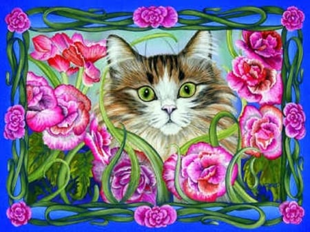 ..Pretty Rosie.. - animals, draw and paint, lovely, curious, spring, creative pre-made, kitten, love four seasons, pretty, cats, beautiful, furs, paintings, flowers, cute