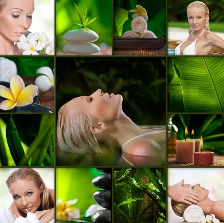 Moment of well-being in the green spa - wellness, moment, candles, spa, flowers, stones, green atmosphere, relax