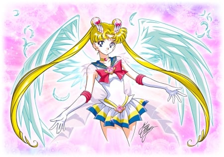 Moon Angel - nice, beauty, female, angel, blond, wings, twintail, anime girl, blond hair, pretty, blonde hair, anime, feather, twin tail, girl, twintails, magical girl, long hair, lovely, sailor moon, twin tails, pink, wing, beautiful, sweet, sailormoon, blonde