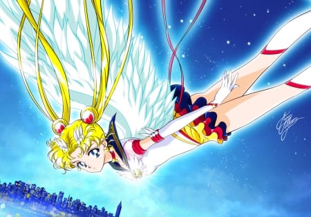 Sailor Moon - nice, beauty, sky, female, angel, blond, wings, oat, twintail, anime girl, blond hair, pretty, blonde hair, anime, feather, twin tail, scene, fly, girl, magical girl, twintails, long hair, lovely, sailor moon, flying, twin tails, pink, wing, beautiful, sweet, sailormoon, blonde