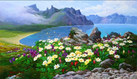 Coastal flowers - lake, mountain, summer, shore, lovely, mist, rocks, coast, painting, view, art, pretty, beautiful, flowers, sea