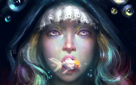 Fantasy - woman, girl, water, bubbles, golden fish, fantasy, art, mermaid, digital