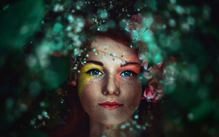 Eyes of the forest - yellow, girl, eyes, orange, make-up, fantasy, of the foret, green, woman, face