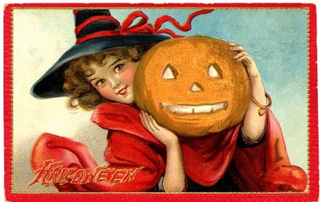 Happy Halloween! - hat, girl, pumpkin, orange, witch, retro, vintage, red, old, halloween, card