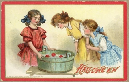 Happy Halloween! - apple, red, water, halloween, girl, old, card, children, retro, vintage, bucket