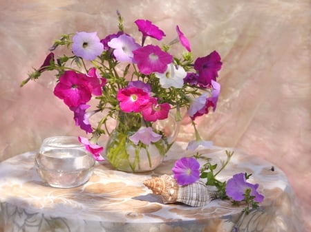 Still life - coffee, delicate, tea, water, shells, bouquet, time, still life, vase, pretty, pink, beautiful, flowers, harmony