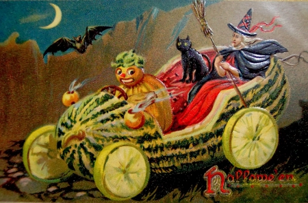 Happy Halloween! - moon, cat, funny, black, halloween, car, red, vintage, green, card, old, retro