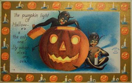 Happy Halloween! - blue, pumpkin, orange, retro, vintage, old, halloween, card, demon