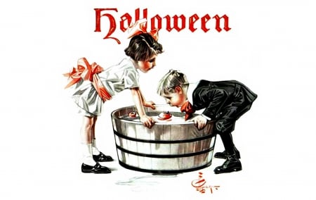 Witches Night Out - Witches Night Out, girl, children, boy, black, apples, retro, white, vintage, red, old, J C  Leyendecker, halloween, bucket, card, couple