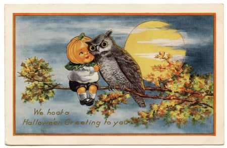 Happy Halloween! - moon, vintege, pumpkin, branch, night, halloween, yellow, orange, card, owl, old, retro