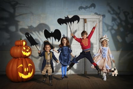 Happy Halloween! - bat, dovleac, girl, children, pumpkin, orange, boy, black, copii, costume, halloween