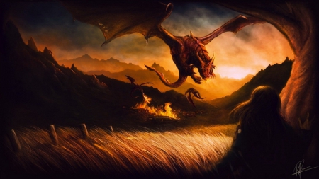 dragon - field, sky, dragon, girl