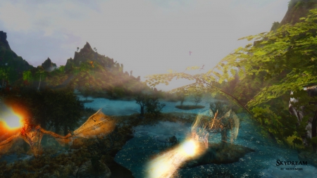 Skydream - sky, mountain, dragons, water, dust, clear, dream, fire, rim, djungel, skyrim, dragon