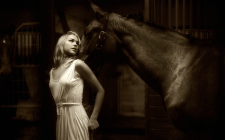 Cowgirl~Arielle Kebbel - model, dress, Arielle Kebbel, blonde, stable, horse, actress, horse stable