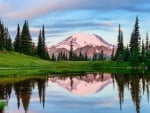 Snow covered mountain, lake, and trees