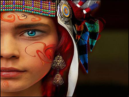 Blue Eyes Indian - face, painting, people, carnival, eyes, blue, colors, kids