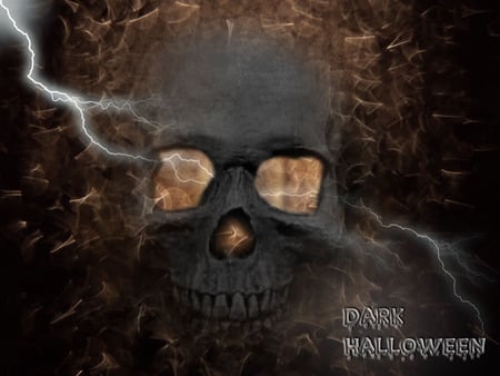 A Dark Halloween - labled, lightning, glowing eyes, skull