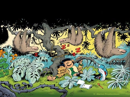 Gaston Lagaffe - trees, animals, comic, cartoons, france, cool, cute, gaston, adorable, lagaffe, cartoon, funny, colored, lovely, andre franquin, sleep, gaston lagaffe, comics, animal