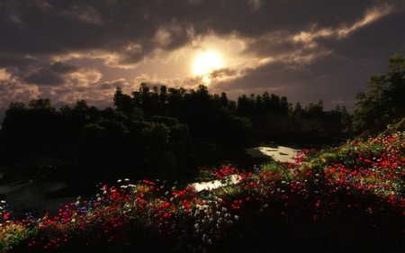 FLOWER ON HILL - forest, hill, digital, clouds, flowers, sun