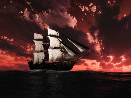 THE SEA TRAVELLER - sky, ocean, travel, water, sailing, ship, clouds, red, skies, sailboat