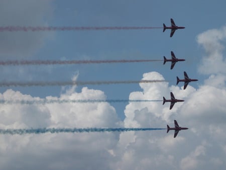 red arrows - air, and, red arrows, britain, air craft, white, flying, hawk, amazing, red, blue, display, arrows, hawx, craft, raf