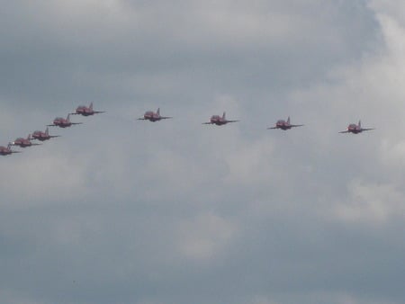 red arrows - air, and, red arrows, britain, air craft, white, flying, hawk, amazing, red, blue, display, arrows, hawx, craft, raf