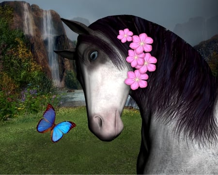 Hello - butterflie, computer art, waterfall, mare, cg, horse, 3d, flowers, stallion