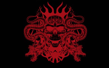 THE SKULL OF THE DRAGON MASTER - red on black, dragon with skull