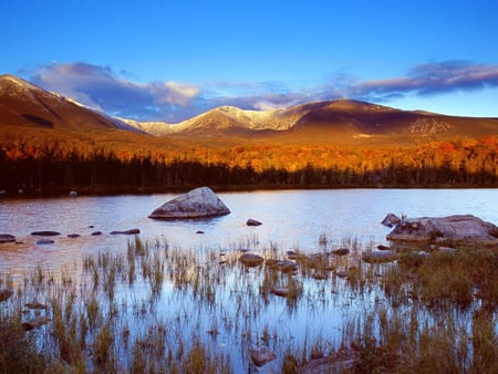 In The Shadows - sky, lake, shadowed mountains, reeds, rocks