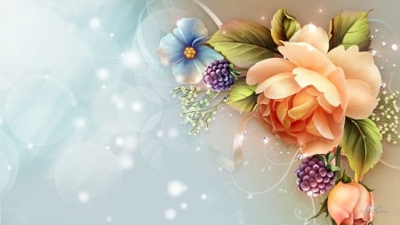 Season of Roses and Berries - roses, bokeh, blooms, blossoms, blue, bud, stars, peach, flowers, berries, glow, soft, shine