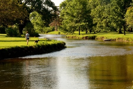 A Walk In The Park - taking a walk, woman and dog, a walk in the park, park, walking the dog, woman wlaking