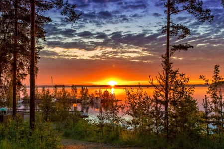 Sunset - sunset, trees, clouds, river