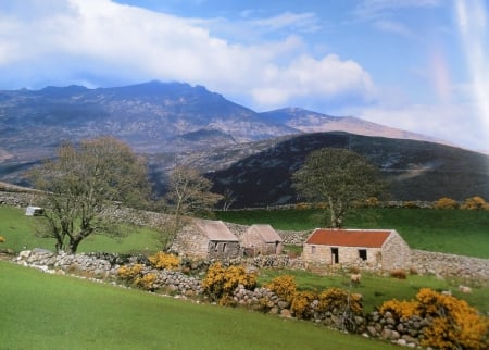 Stone House - mountains, shadow, grass, blue, sky, architecture, fence, clouds, fields, house, nature, stone, green