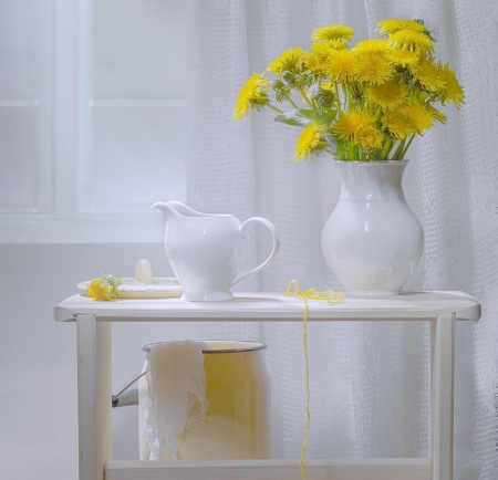 Still Life - flowers, vase, yellow, soft