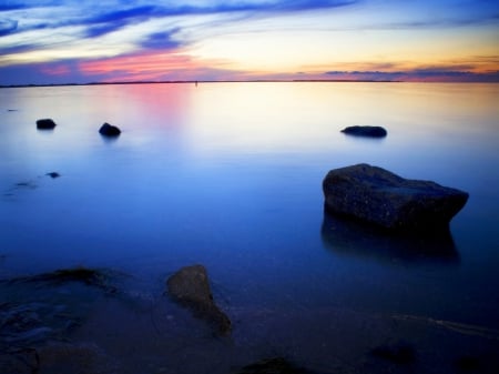 Serenity - calm, lake, stones, sunset